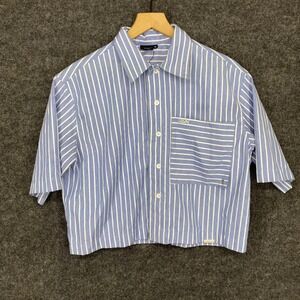 SUMWON Blue White Striped Cropped Short Sleeve Button Down Shirt
